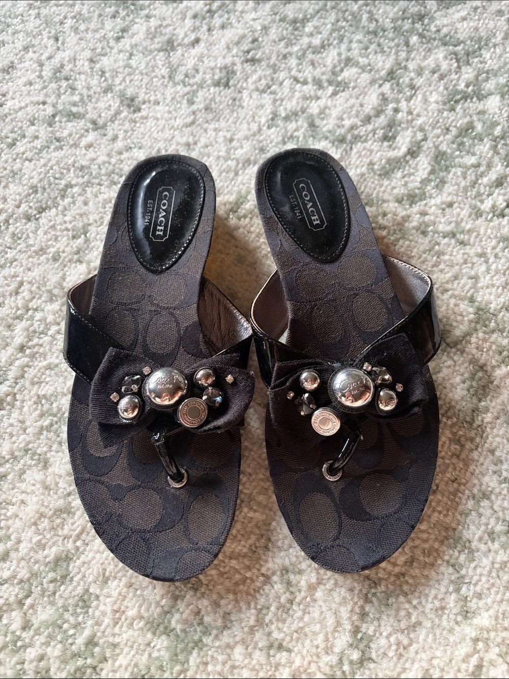 Coach Black Logo-Print Embellished Thong Sandals